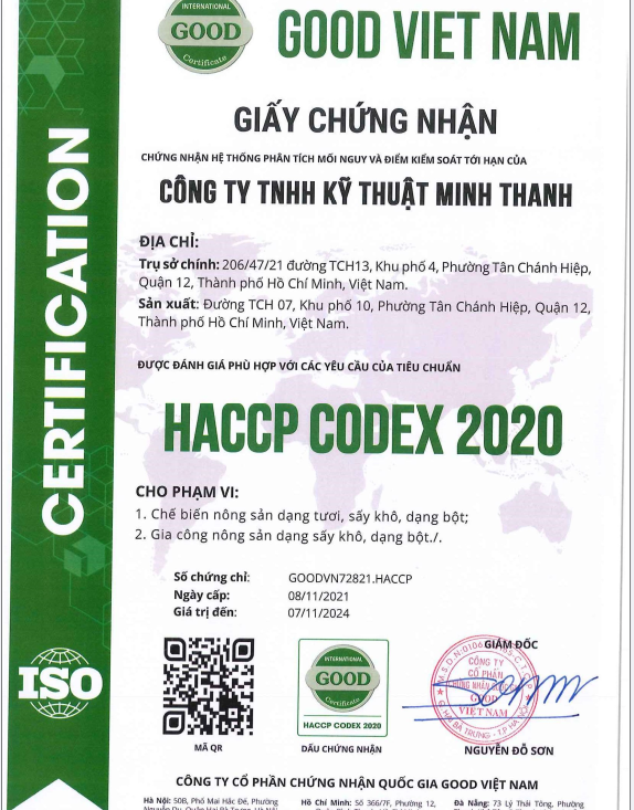 Chứng nhận HACCP của xưởng sản xuất bột rau củ sấy lạnh